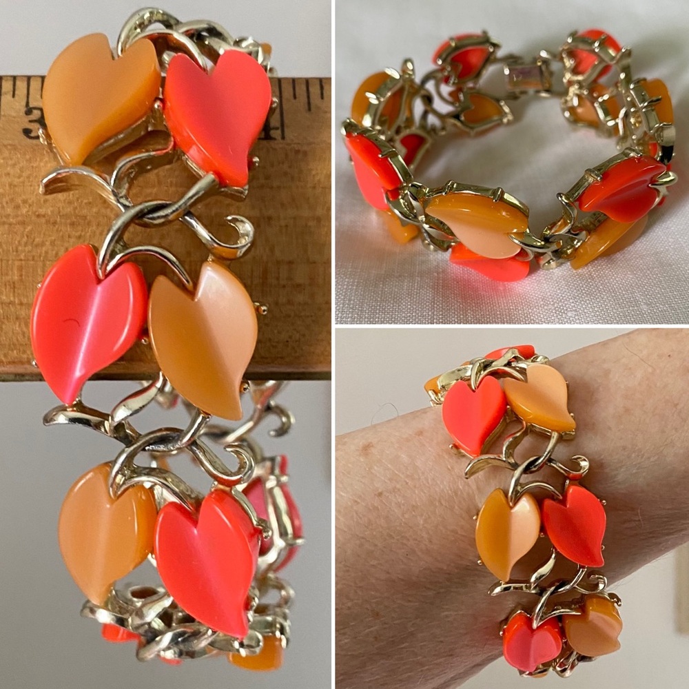 Vintage Leaf Bracelet Thermoset Heart Shape Orange Butterscotch Silvertone - Picture 11 of 12